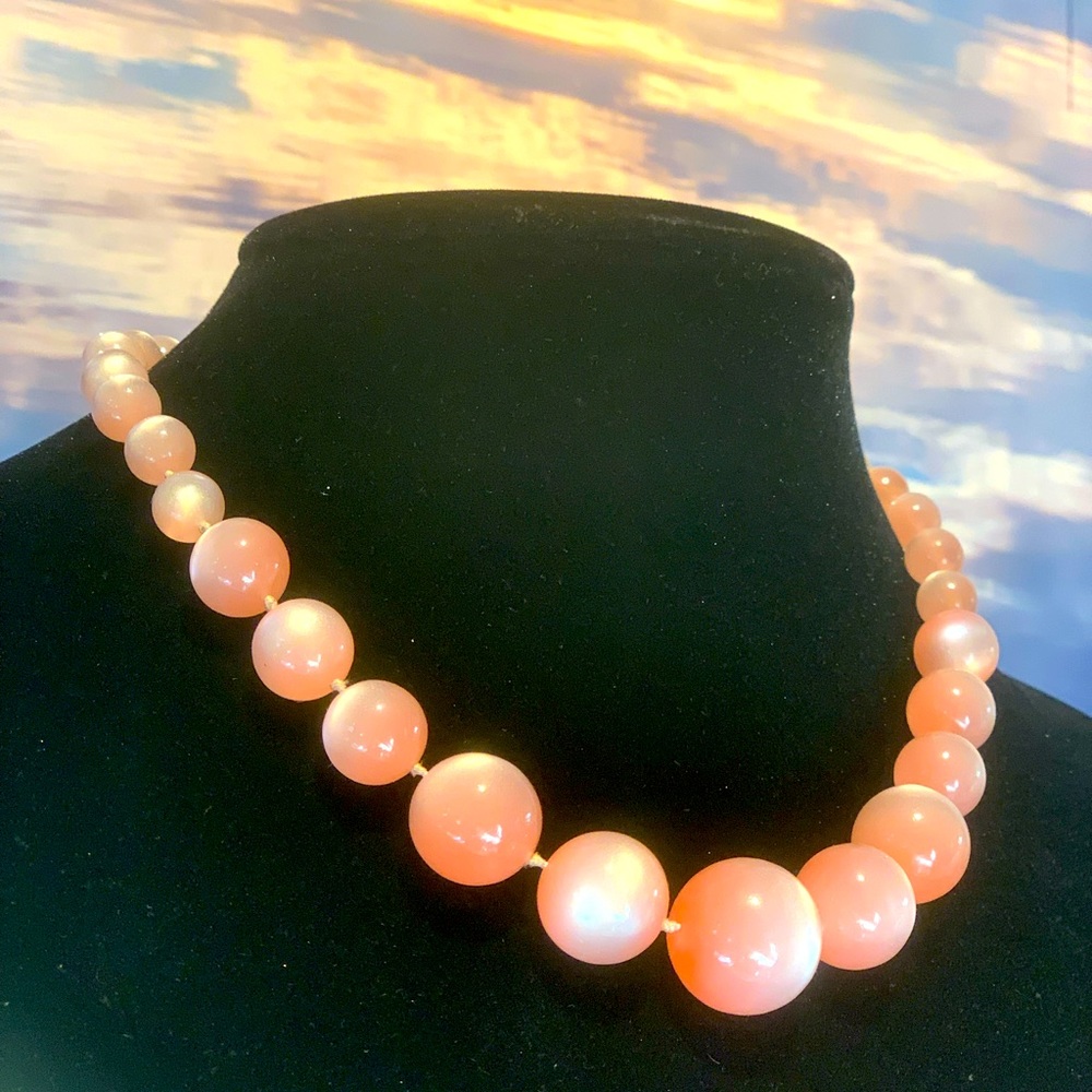 Vintage Candy Pink Hand Knotted Moonglow Graduated Bead Necklace